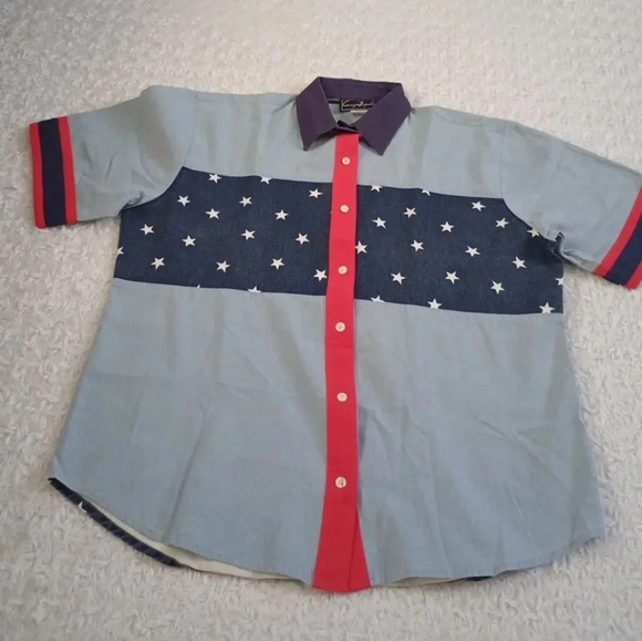 camp sport Other - Vintage Camp Sport Denim Shirt Women Size M Patriotic Stars Short Sleeve Button